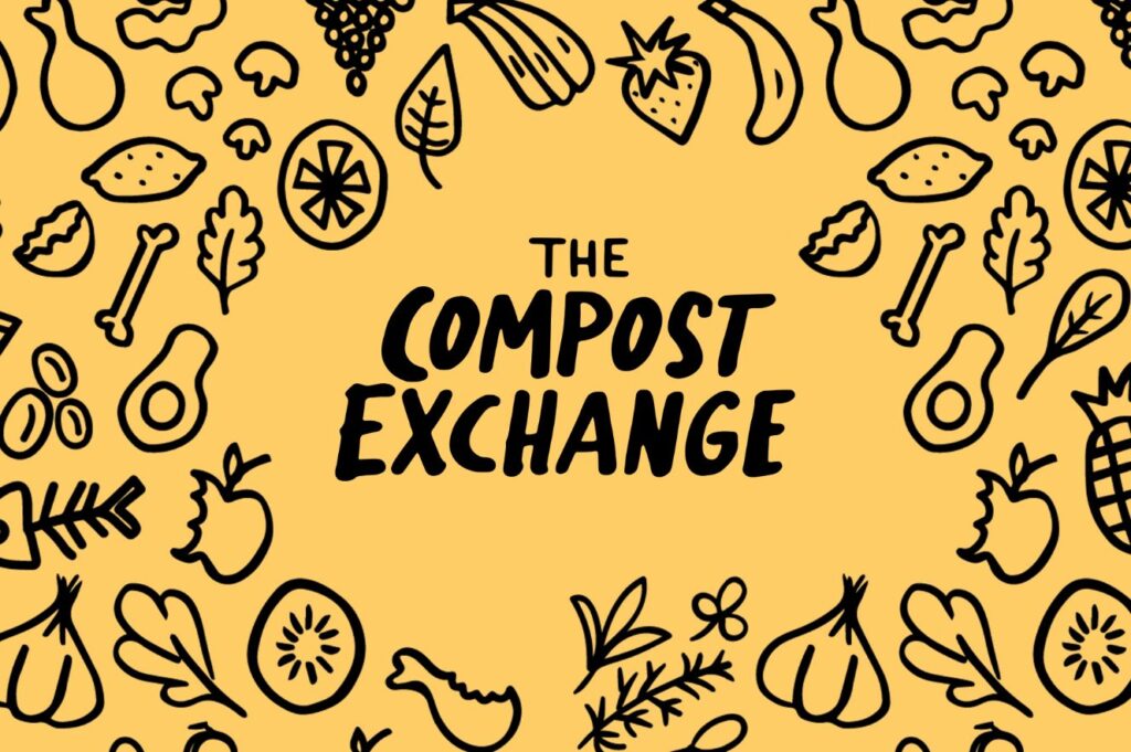Yellow background with black hand-drawn illustrations of fruits, vegetables, and compostable items surrounding the bold black text "The Compost Exchange" in the center
